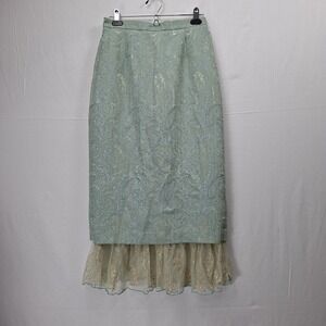 Vtg Y2K  Midnight Velvet Maxi Skirt 8 Blue Gold Tapestry Lace underlay Mermaid